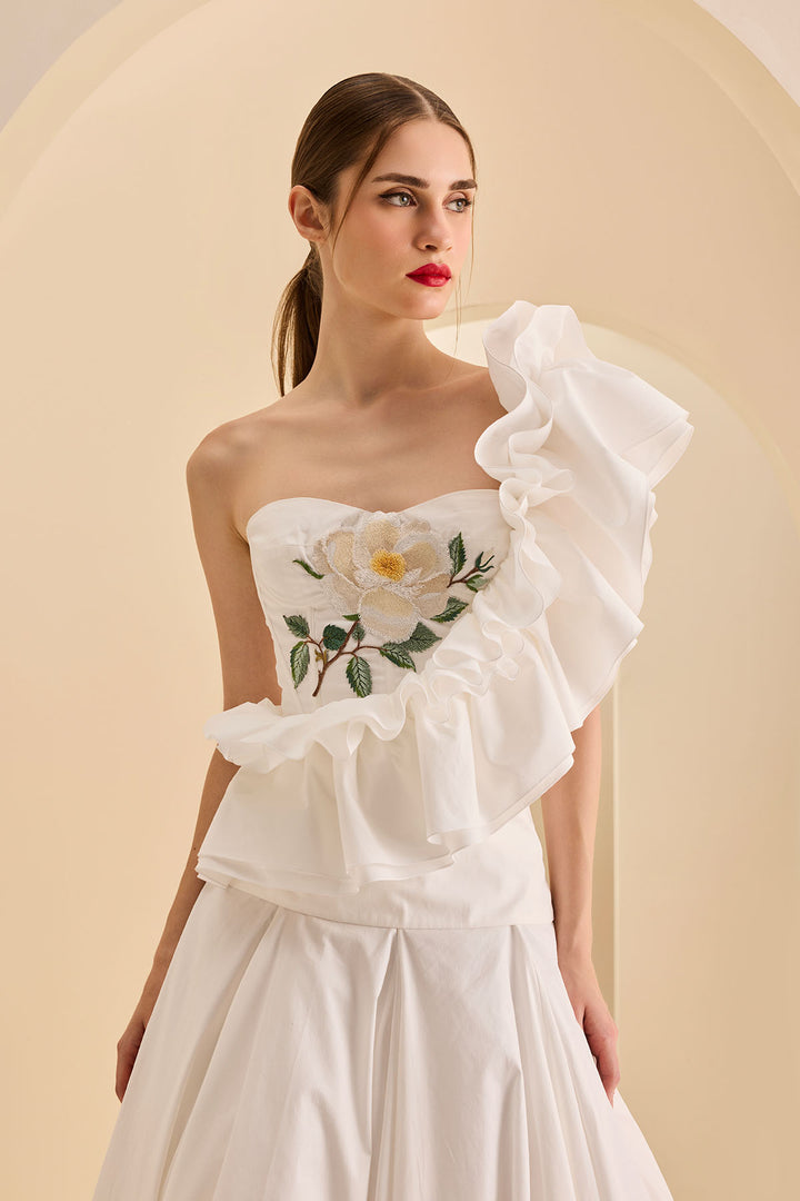 CORSETTED ONE SHOULDER RUFFLE TOP