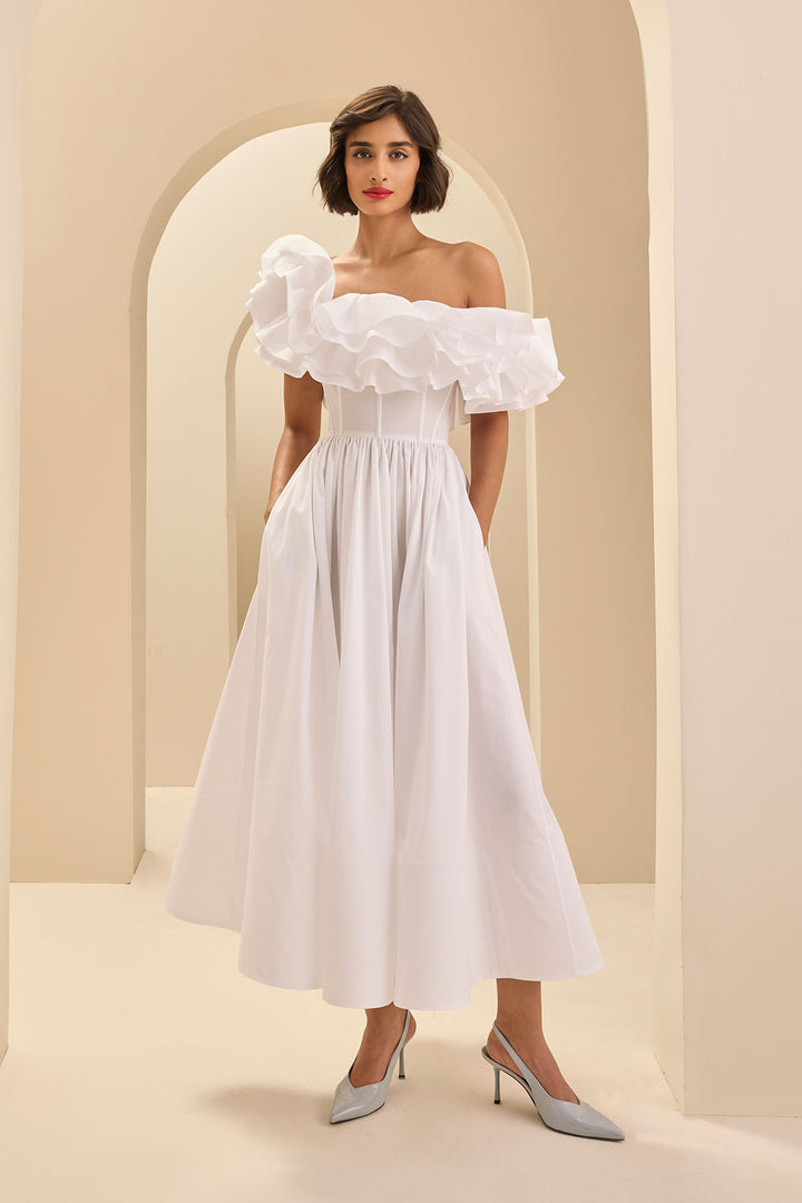 RUFFLED CORSETTED MIDI