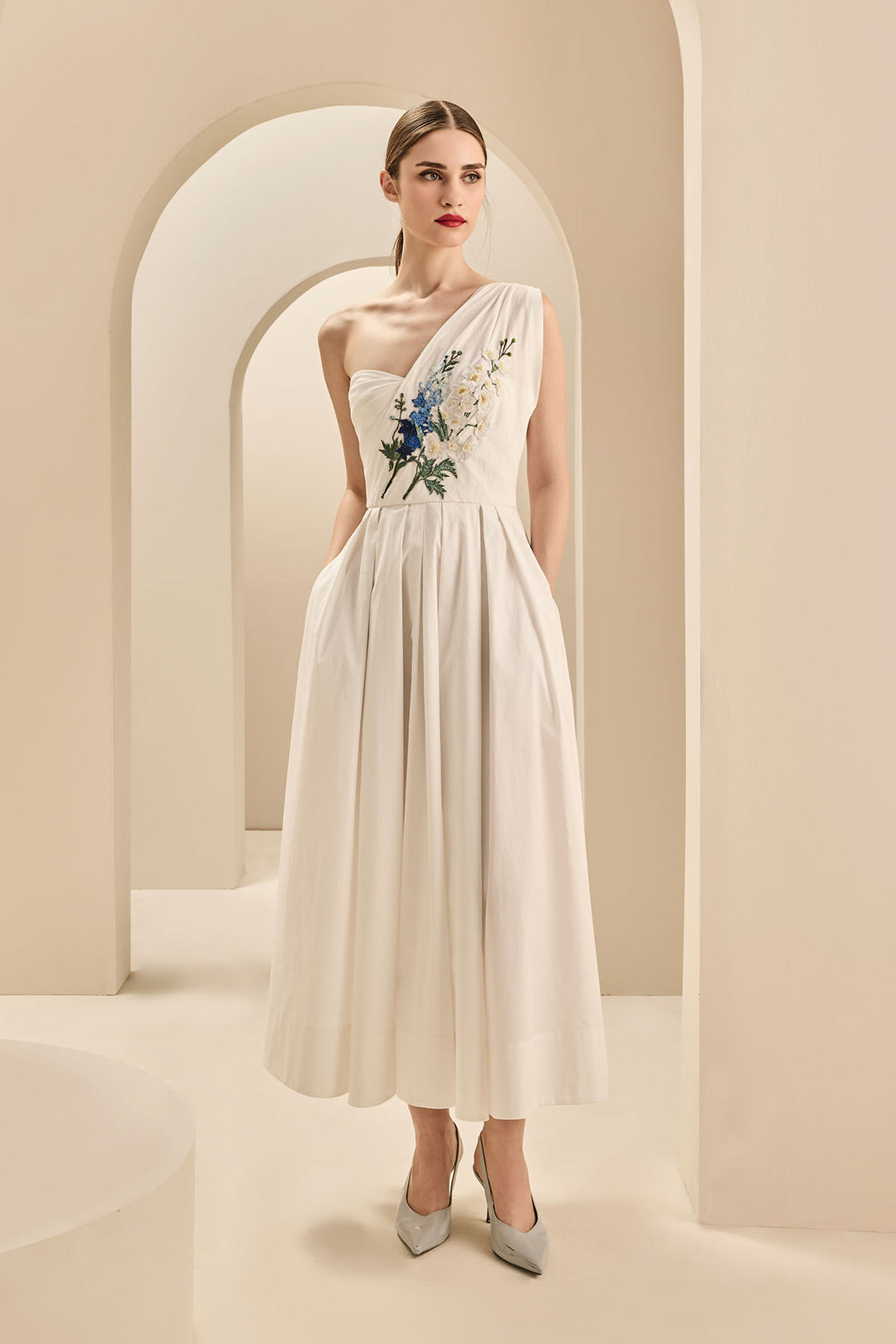 ONE SHOULDER DRAPED MIDI