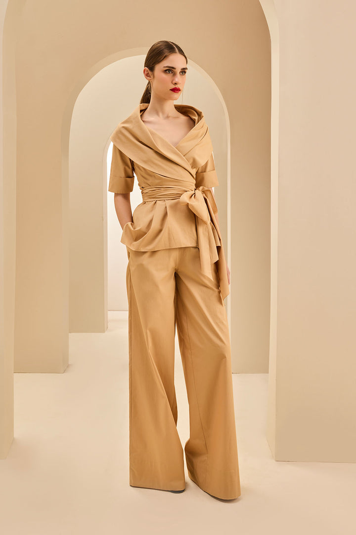 SHAWL COLLAR WRAP TOP WITH STRAIGHT FIT PANT