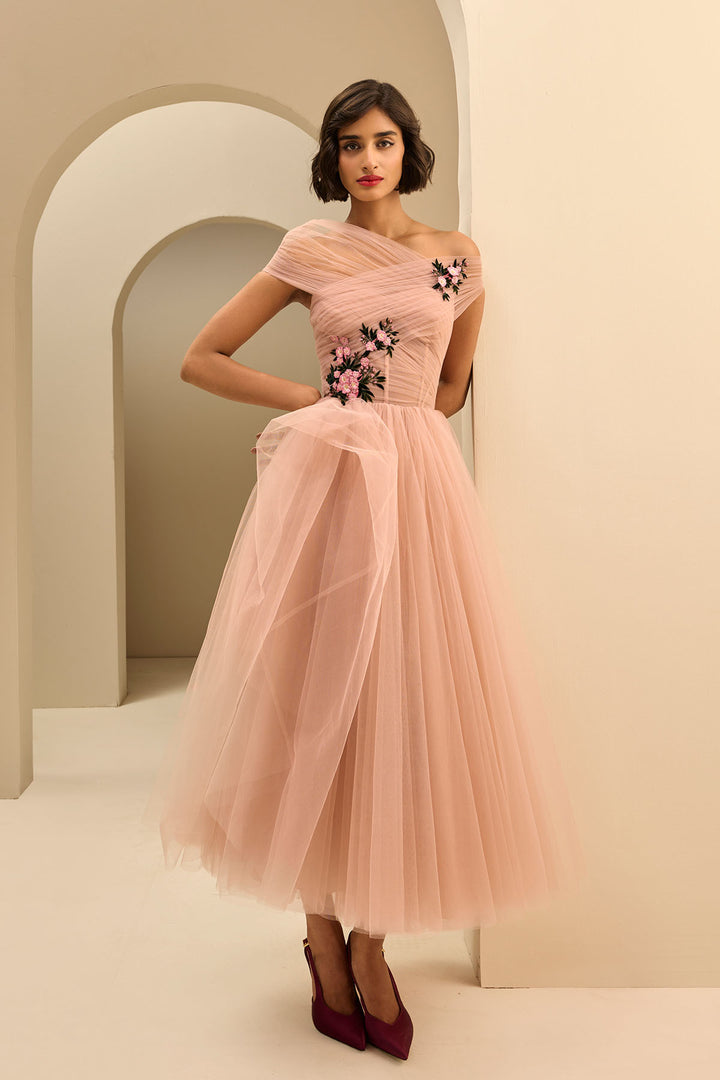 OFF SHOULDER DRAPED MIDI