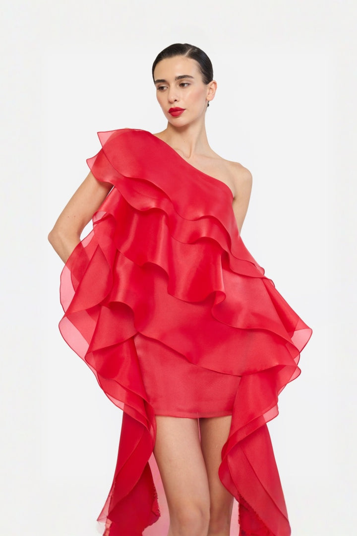 ONE SHOULDER HIGH-LOW HEM SHIFT DRESS WITH LAYERED RUFFLES