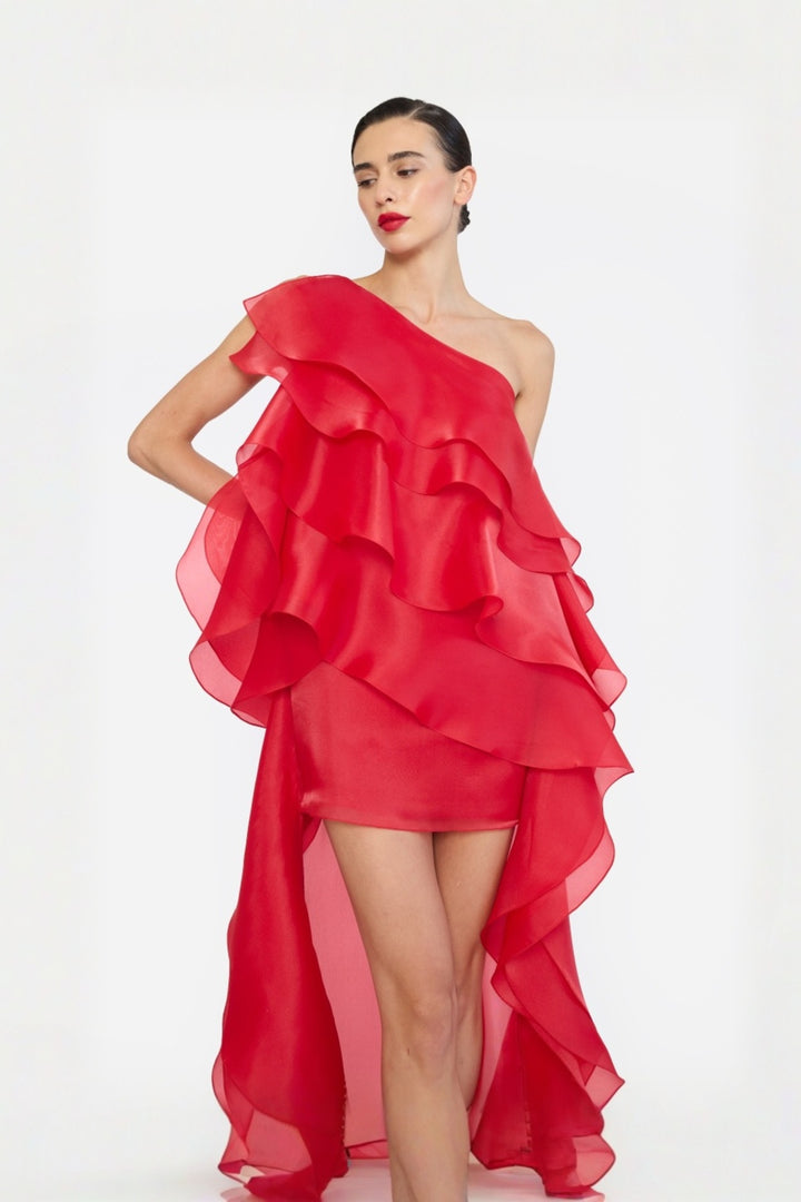 ONE SHOULDER HIGH-LOW HEM SHIFT DRESS WITH LAYERED RUFFLES