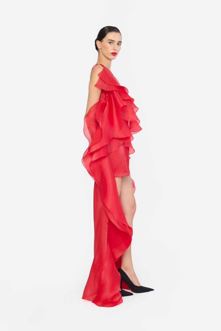 ONE SHOULDER HIGH-LOW HEM SHIFT DRESS WITH LAYERED RUFFLES
