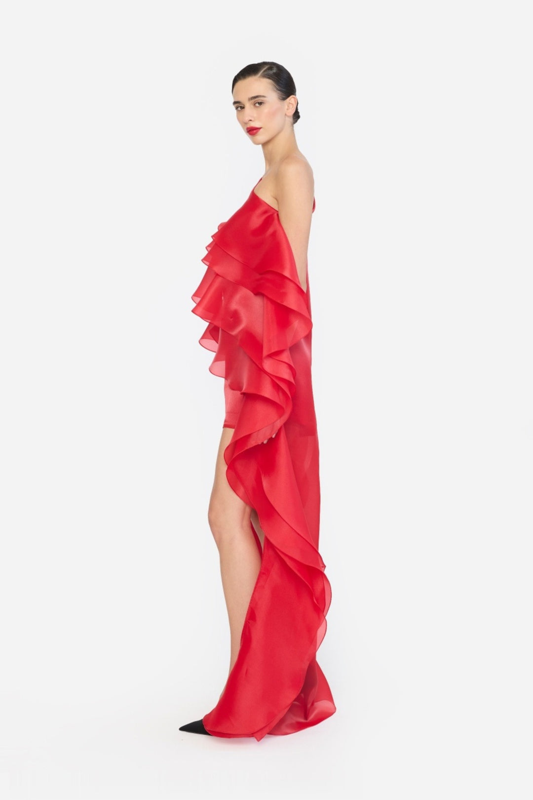 ONE SHOULDER HIGH-LOW HEM SHIFT DRESS WITH LAYERED RUFFLES