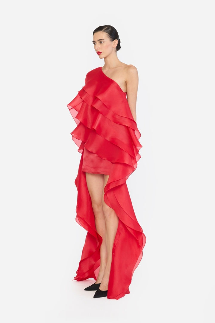 ONE SHOULDER HIGH-LOW HEM SHIFT DRESS WITH LAYERED RUFFLES