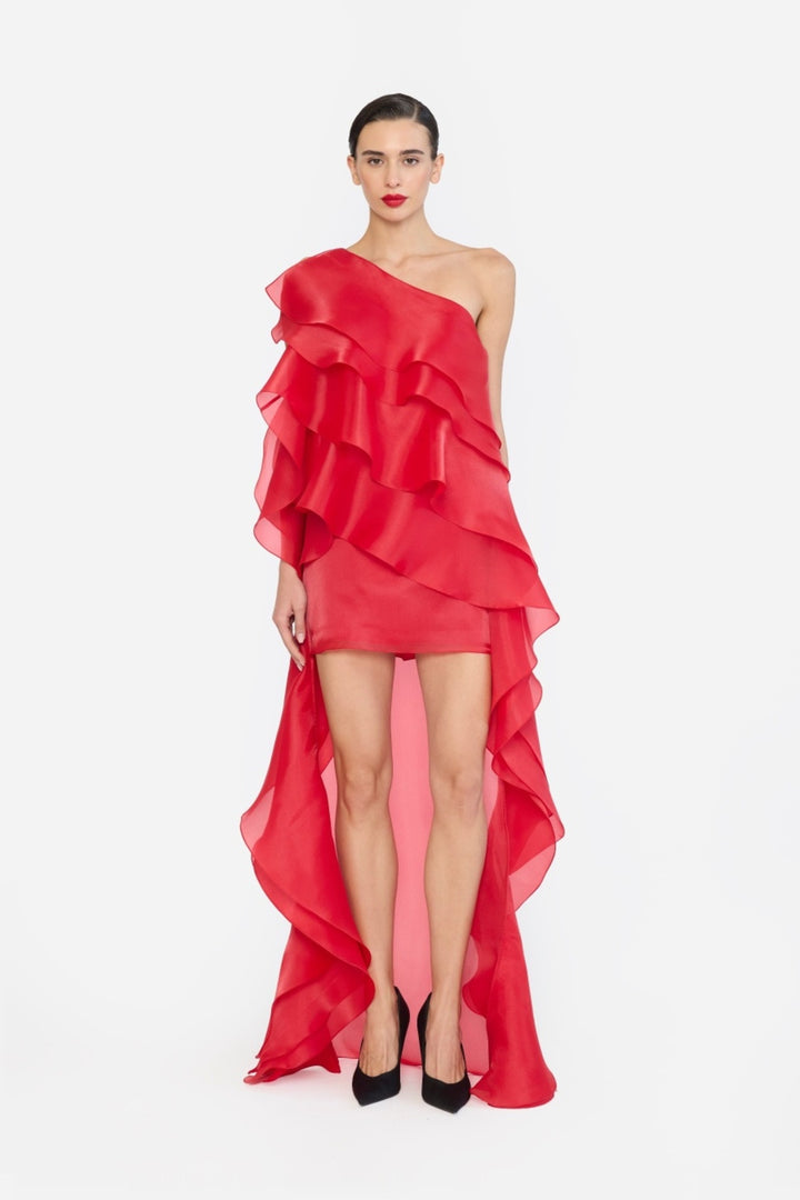 ONE SHOULDER HIGH-LOW HEM SHIFT DRESS WITH LAYERED RUFFLES