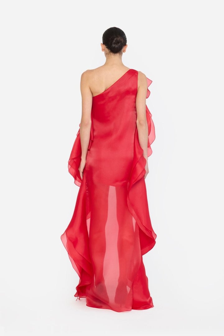 ONE SHOULDER HIGH-LOW HEM SHIFT DRESS WITH LAYERED RUFFLES