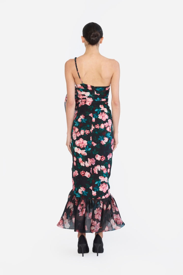 ONE SHOULDER TWISTED STRAP BUBBLE RUFLE HEM HIGH LOW DRESS