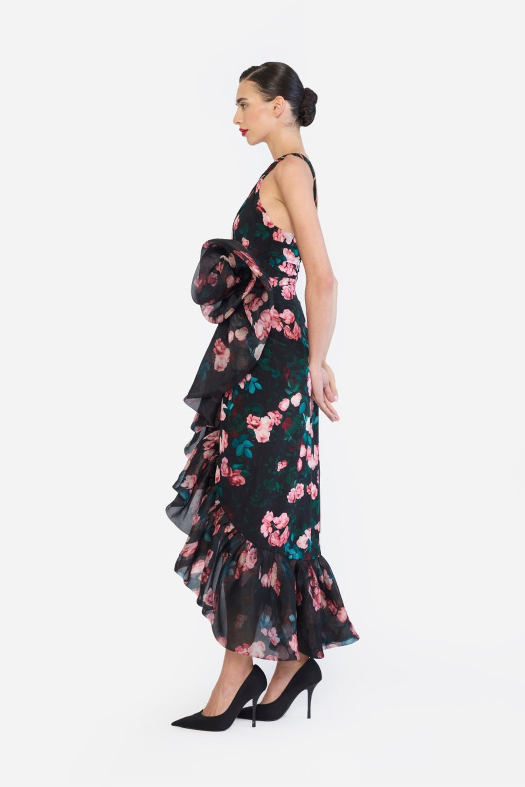 ONE SHOULDER TWISTED STRAP BUBBLE RUFLE HEM HIGH LOW DRESS