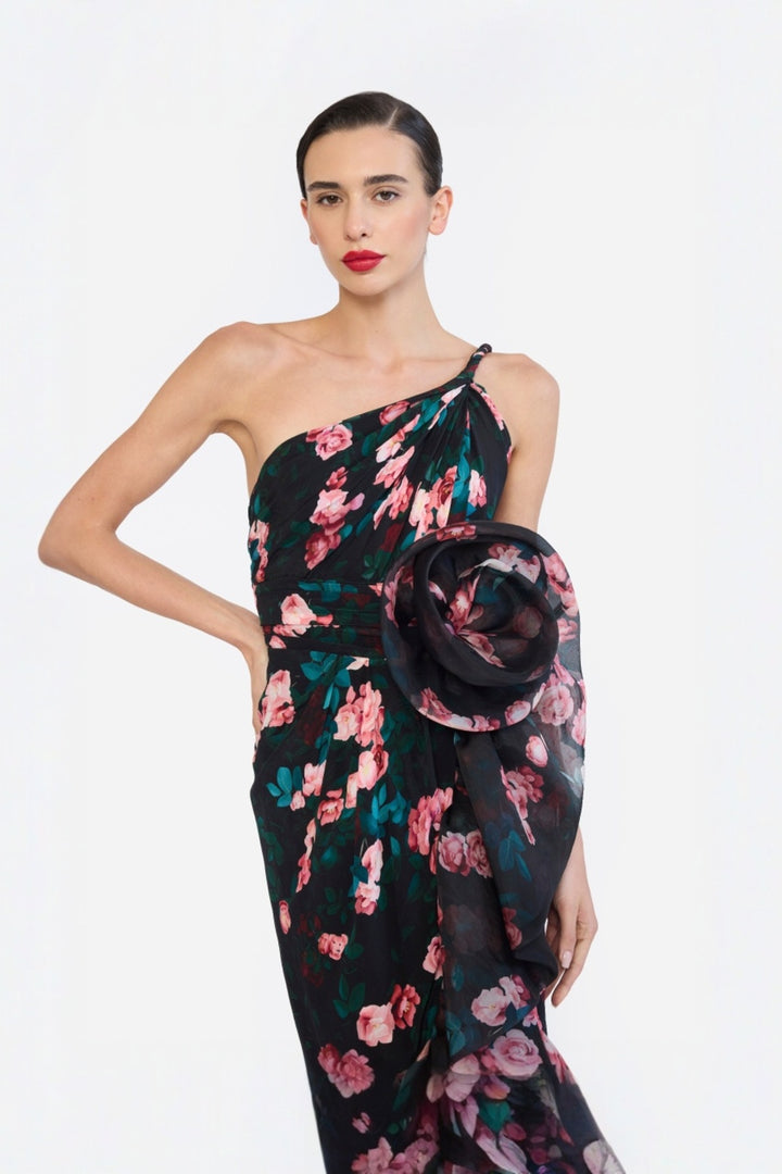 ONE SHOULDER TWISTED STRAP BUBBLE RUFLE HEM HIGH LOW DRESS