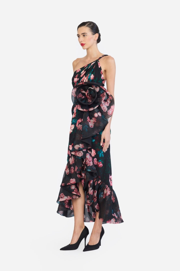 ONE SHOULDER TWISTED STRAP BUBBLE RUFLE HEM HIGH LOW DRESS