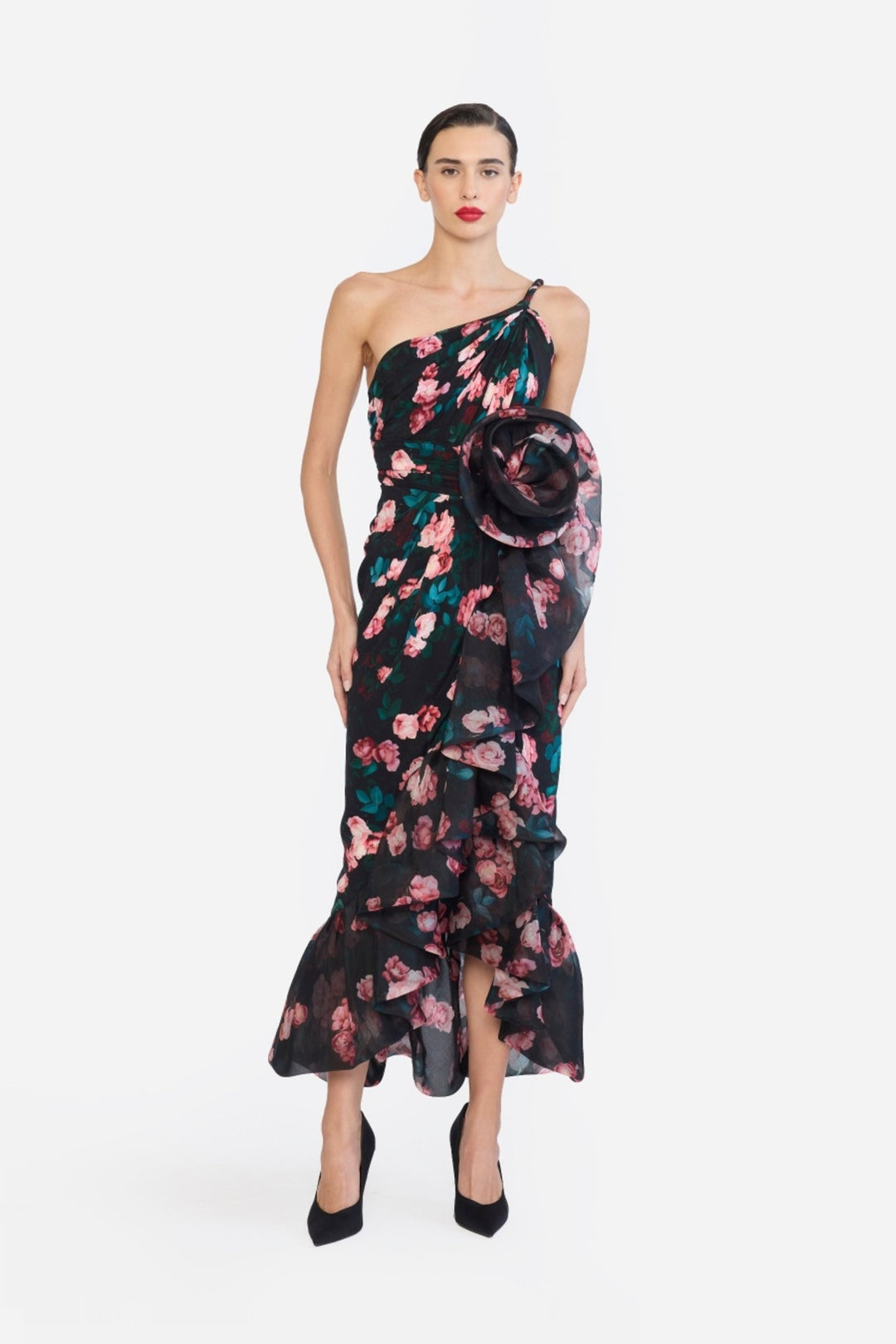 ONE SHOULDER TWISTED STRAP BUBBLE RUFLE HEM HIGH LOW DRESS