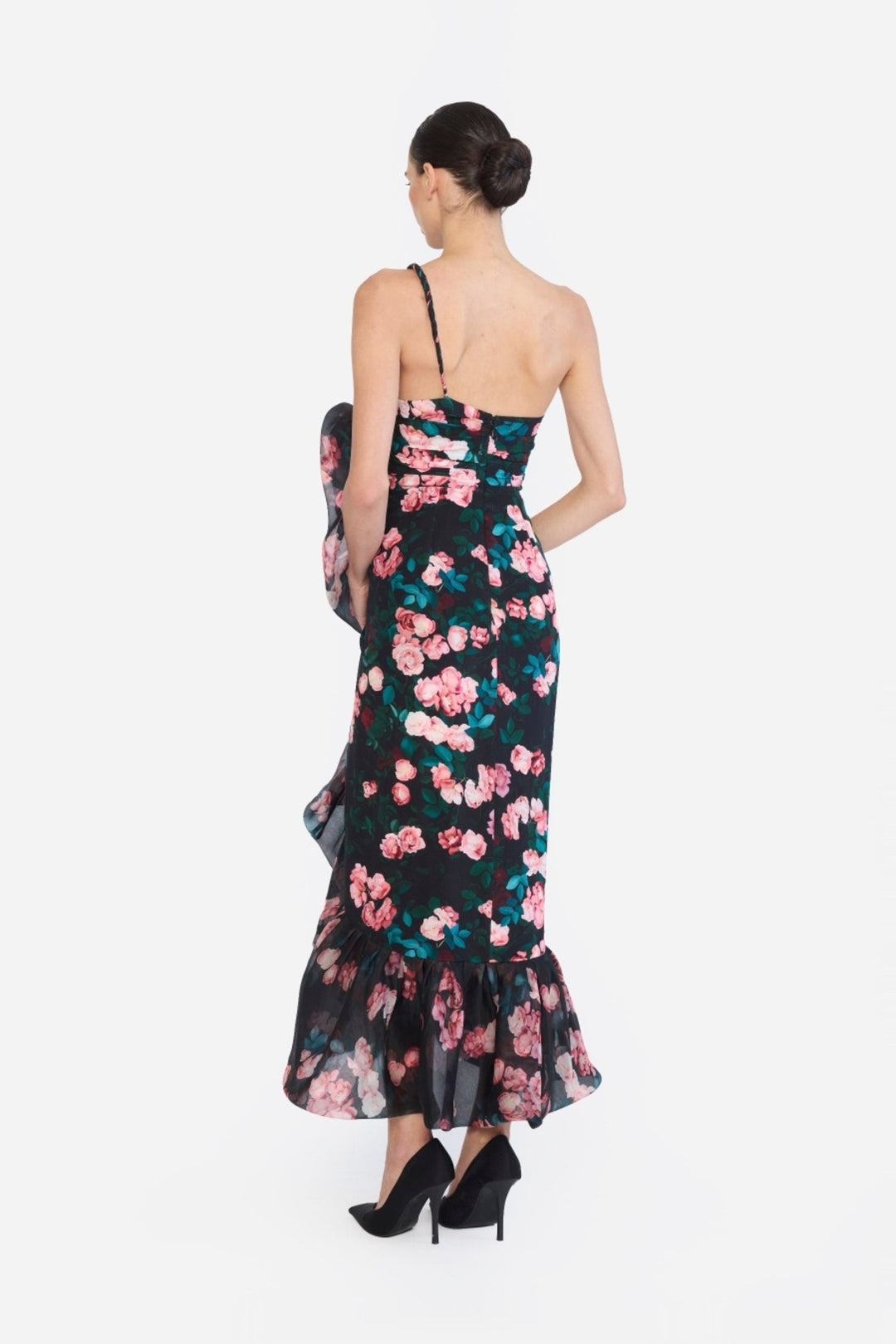 ONE SHOULDER TWISTED STRAP BUBBLE RUFLE HEM HIGH LOW DRESS