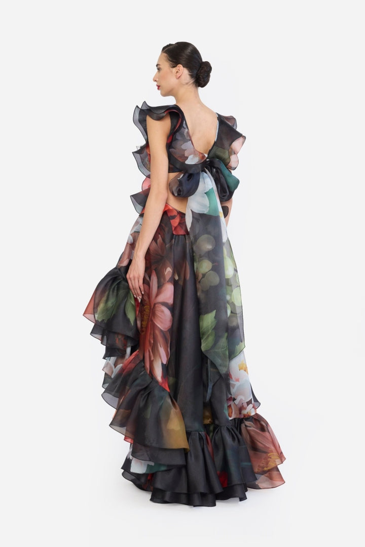 V-NECK HIGH LOW RUFFLED DRESS