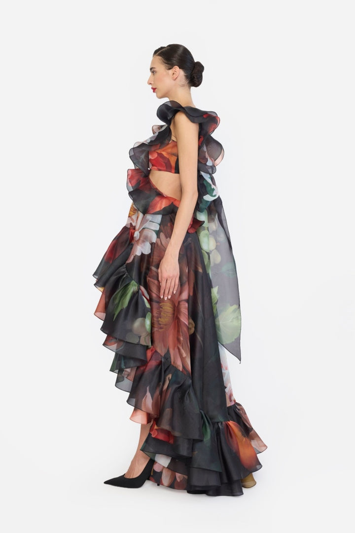 V-NECK HIGH LOW RUFFLED DRESS
