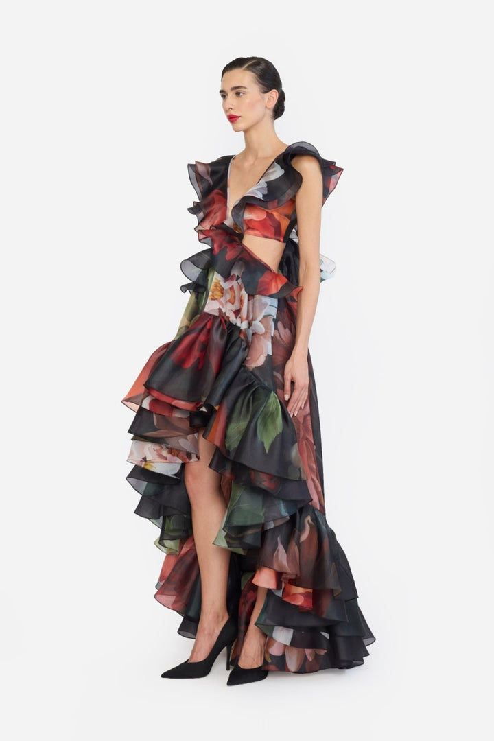 V-NECK HIGH LOW RUFFLED DRESS
