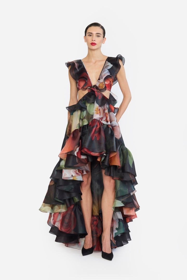 V-NECK HIGH LOW RUFFLED DRESS