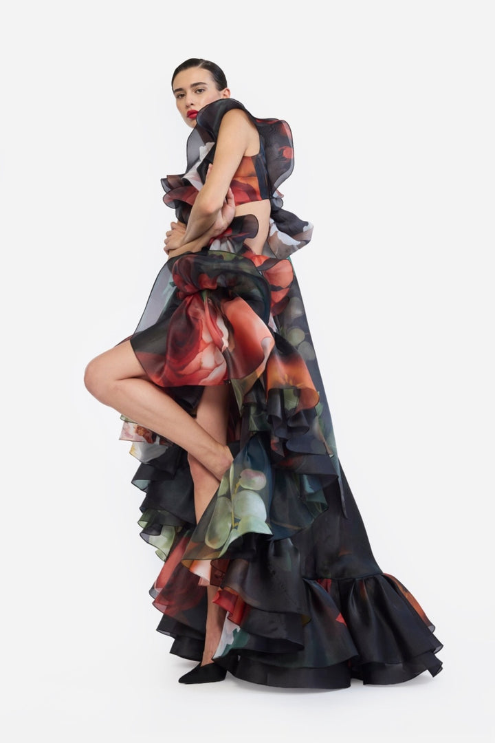 V-NECK HIGH LOW RUFFLED DRESS