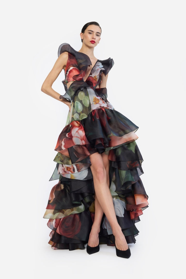V-NECK HIGH LOW RUFFLED DRESS