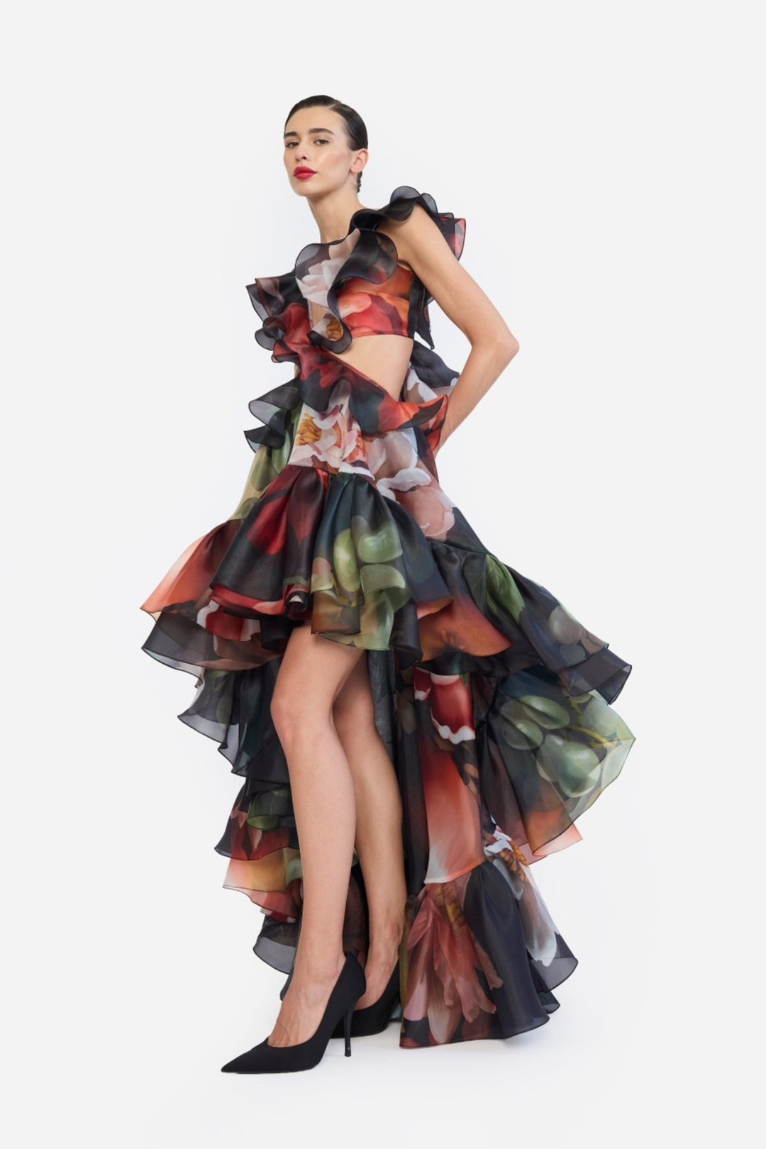 V-NECK HIGH LOW RUFFLED DRESS