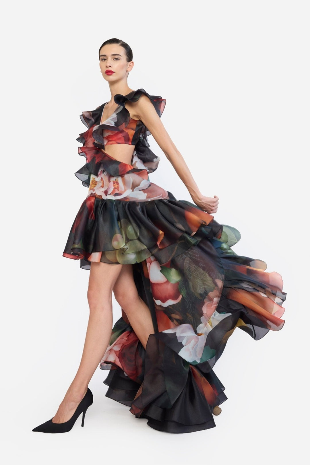 V-NECK HIGH LOW RUFFLED DRESS