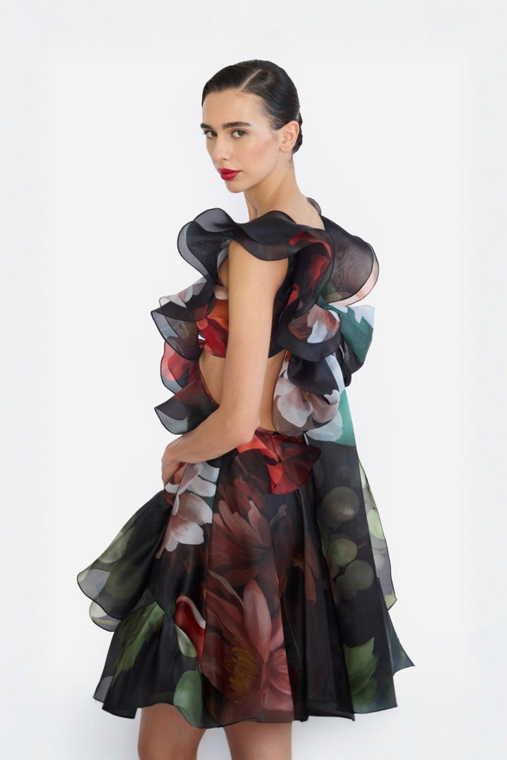 V-NECK HIGH LOW RUFFLED DRESS