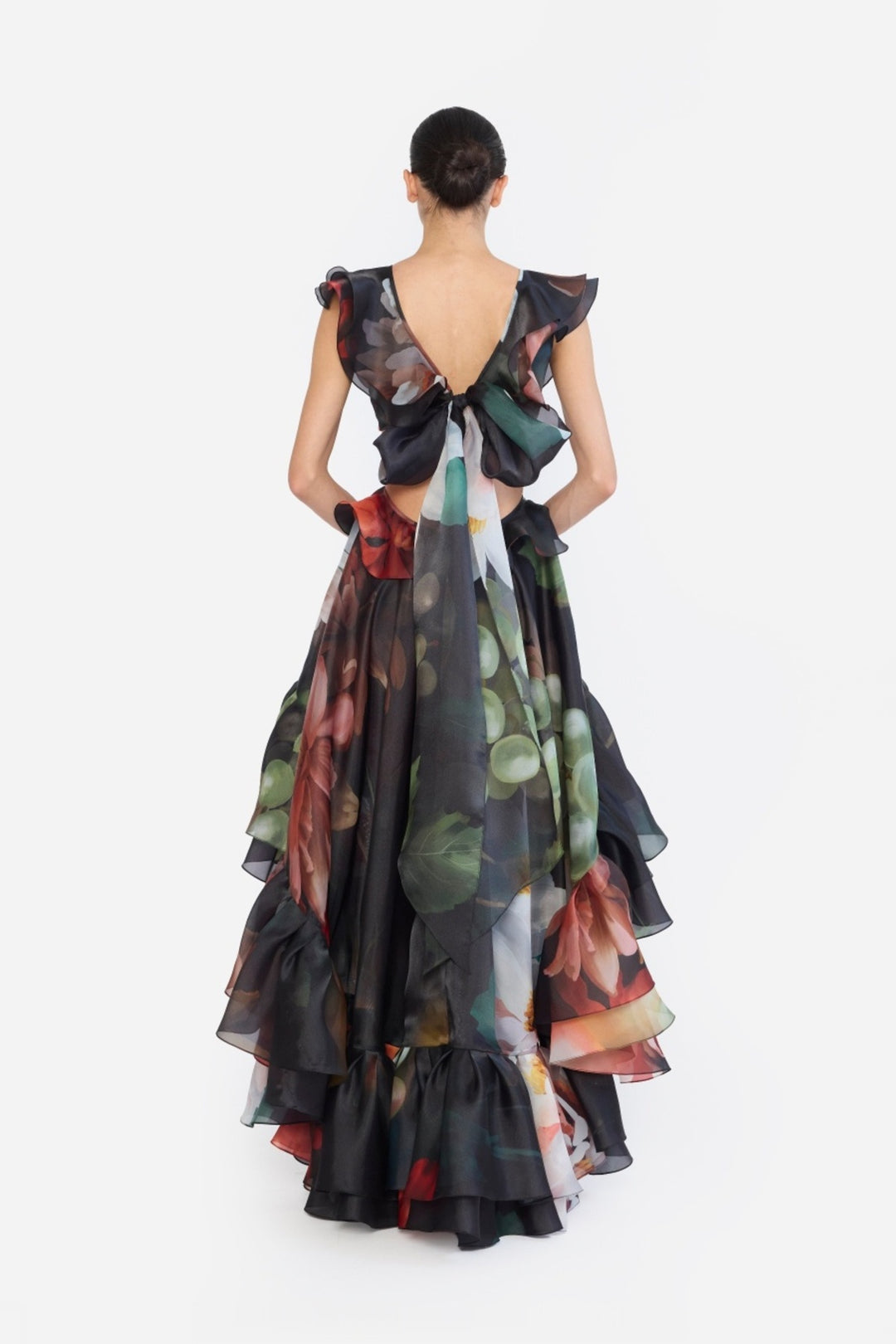 V-NECK HIGH LOW RUFFLED DRESS