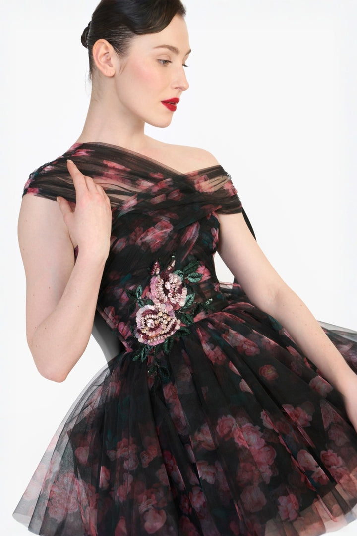 CRISS- CROSS OFF SHOULDER DRAPED MINI