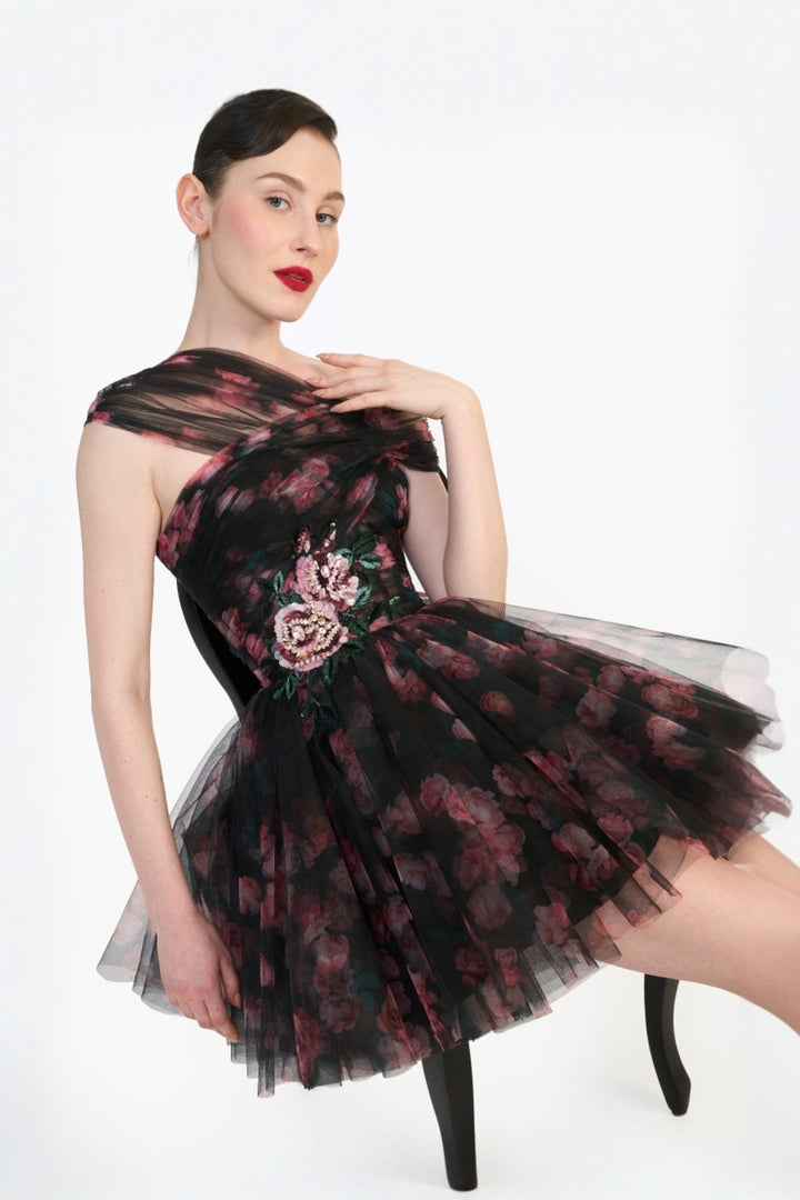CRISS- CROSS OFF SHOULDER DRAPED MINI
