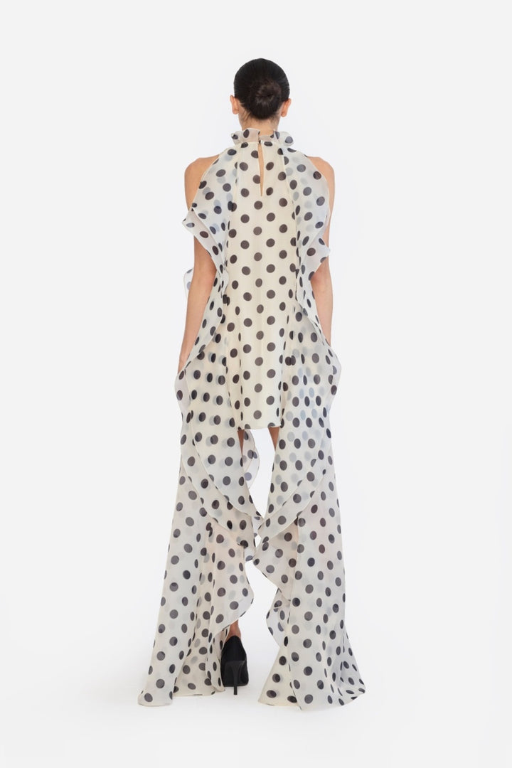 HIGH LOW SHIFT DRESS WITH CASCADING RUFFLES