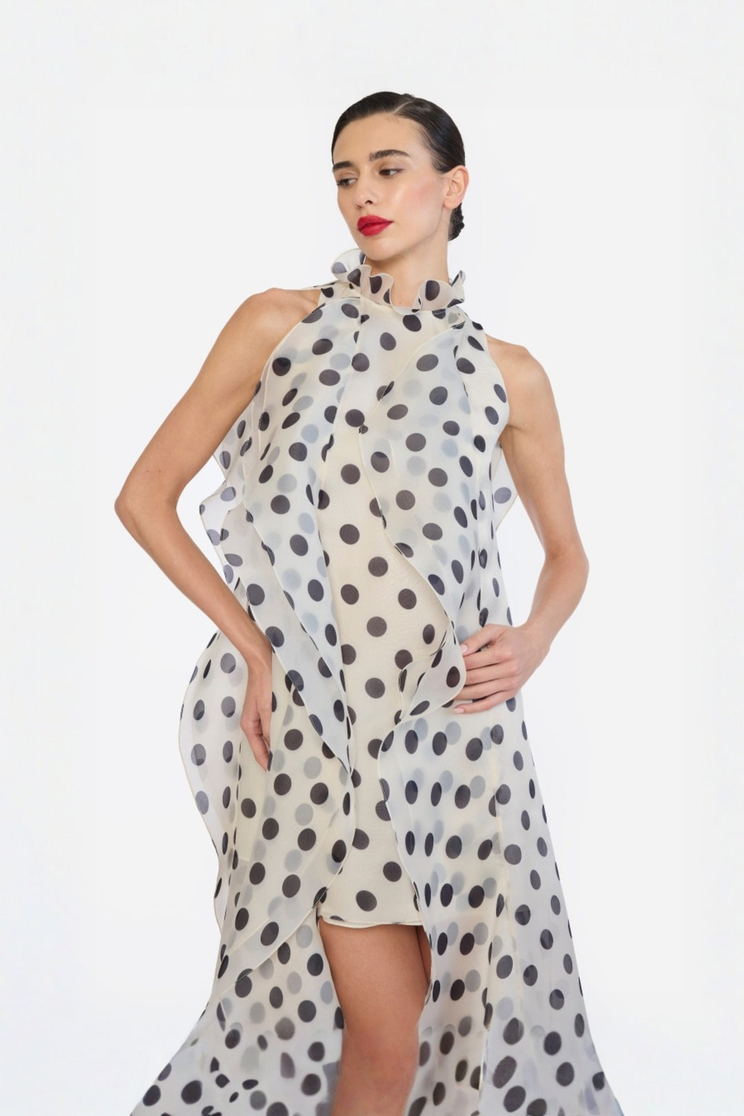 HIGH LOW SHIFT DRESS WITH CASCADING RUFFLES