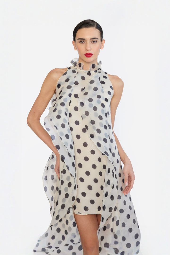 HIGH LOW SHIFT DRESS WITH CASCADING RUFFLES