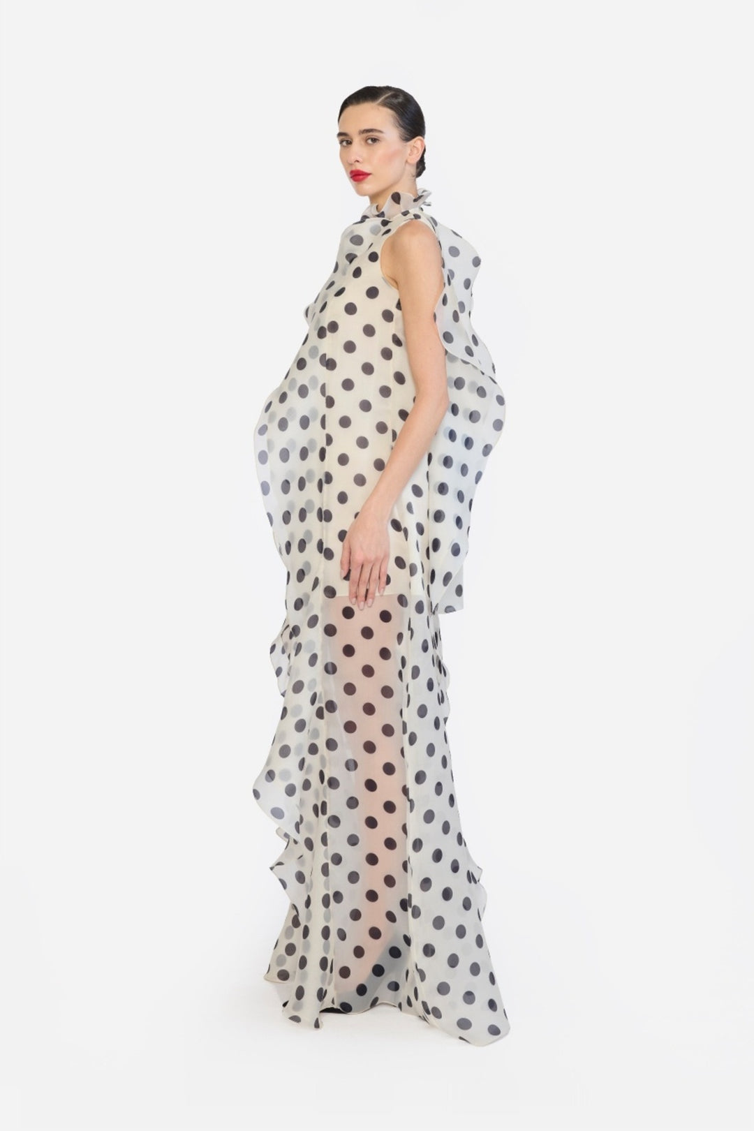 HIGH LOW SHIFT DRESS WITH CASCADING RUFFLES