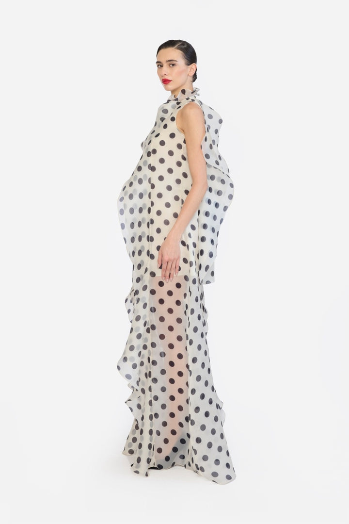 HIGH LOW SHIFT DRESS WITH CASCADING RUFFLES