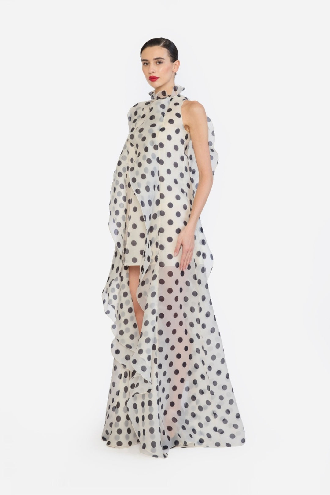 HIGH LOW SHIFT DRESS WITH CASCADING RUFFLES
