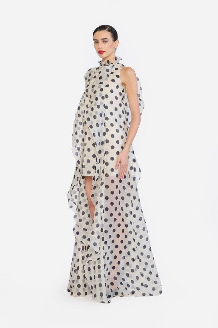 HIGH LOW SHIFT DRESS WITH CASCADING RUFFLES