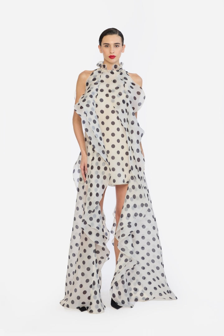 HIGH LOW SHIFT DRESS WITH CASCADING RUFFLES