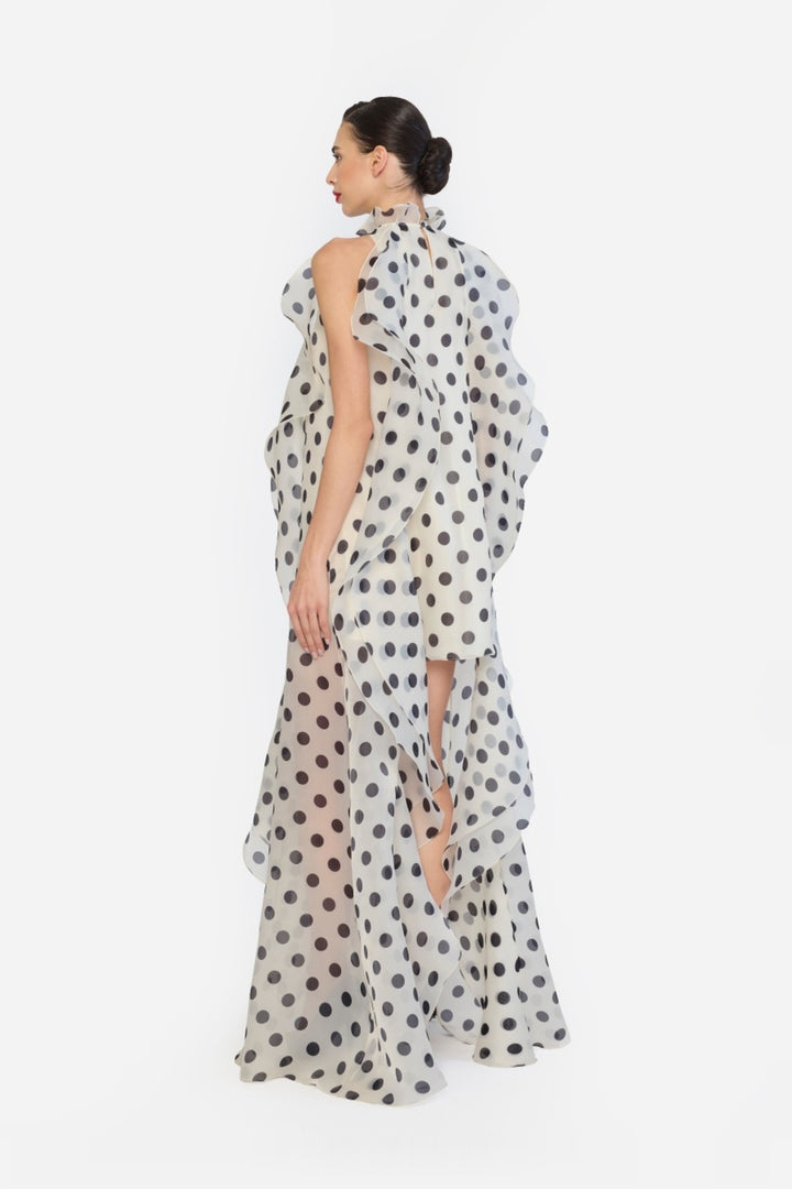 HIGH LOW SHIFT DRESS WITH CASCADING RUFFLES