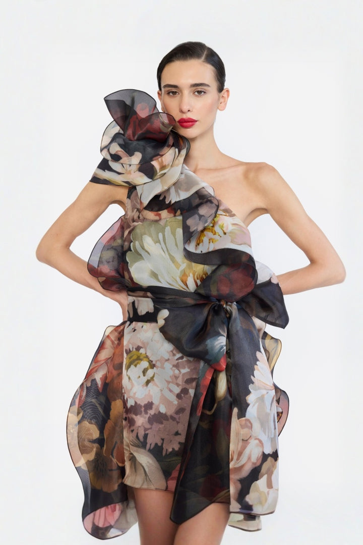 ONE SHOULLDER SHIFT DRESS WITH FLOWER