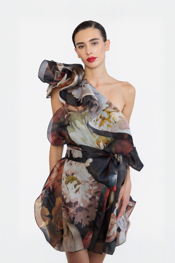 ONE SHOULLDER SHIFT DRESS WITH FLOWER