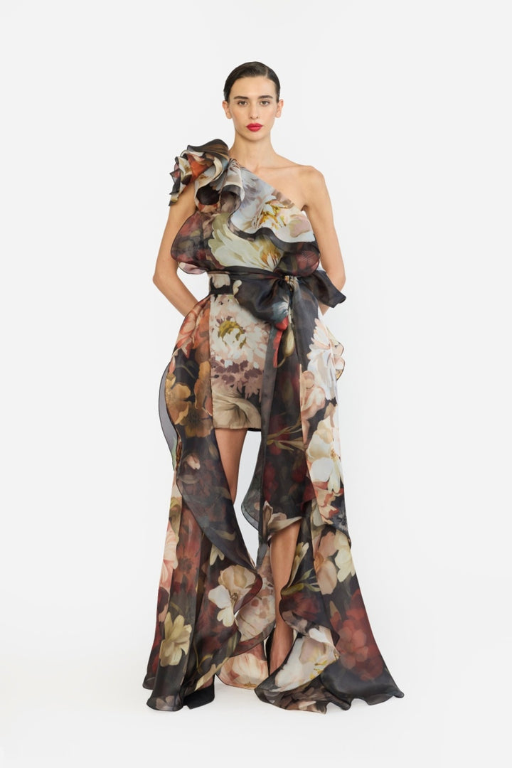 ONE SHOULLDER SHIFT DRESS WITH FLOWER