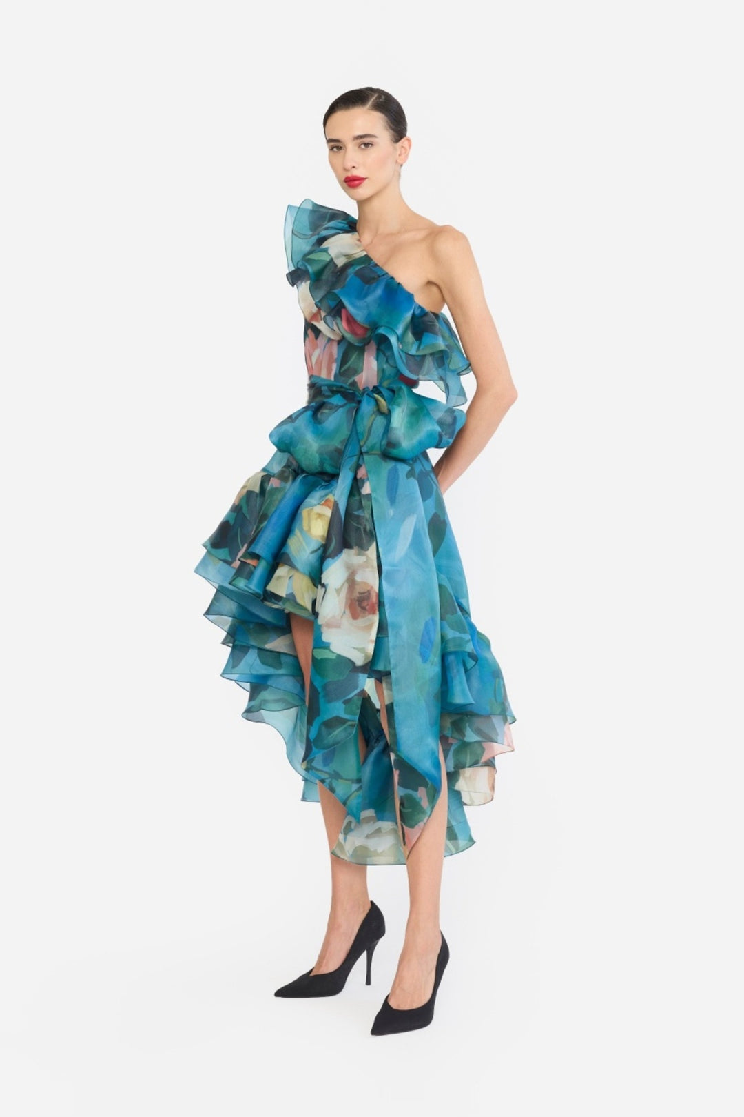 ONE SHOULDER FRILLED HIGH-LOW NAINIKA DRESS