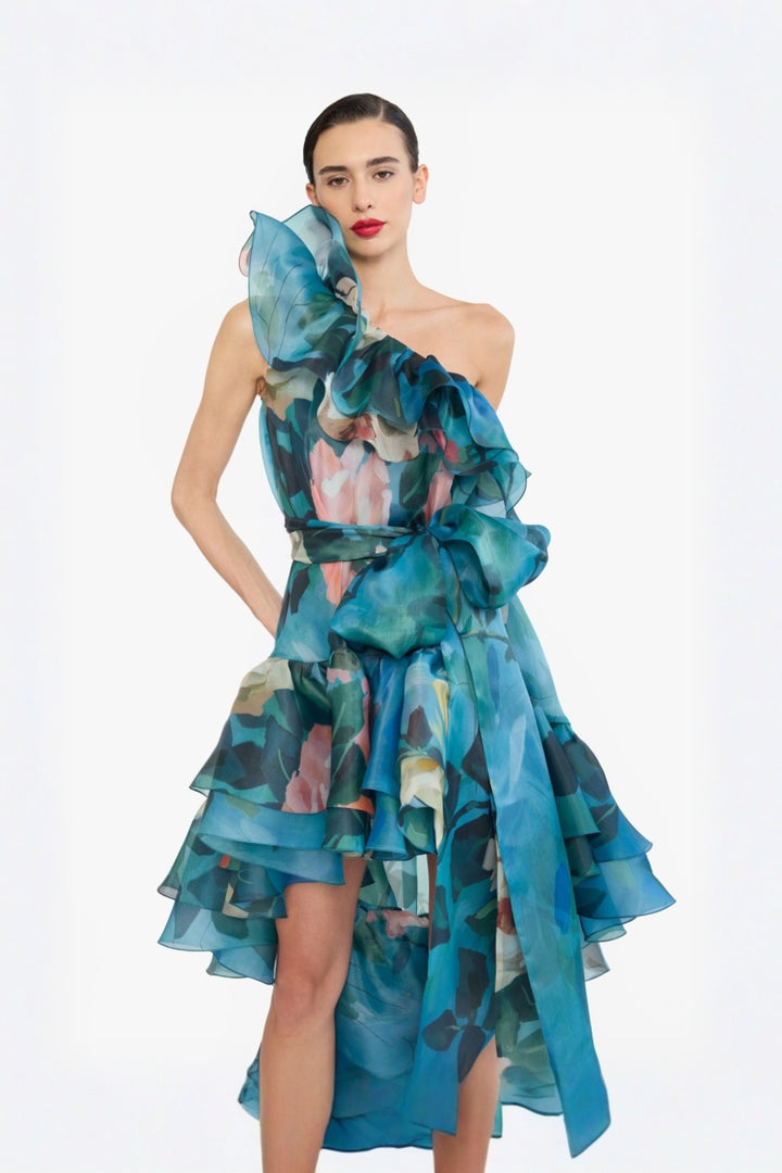 ONE SHOULDER FRILLED HIGH-LOW NAINIKA DRESS