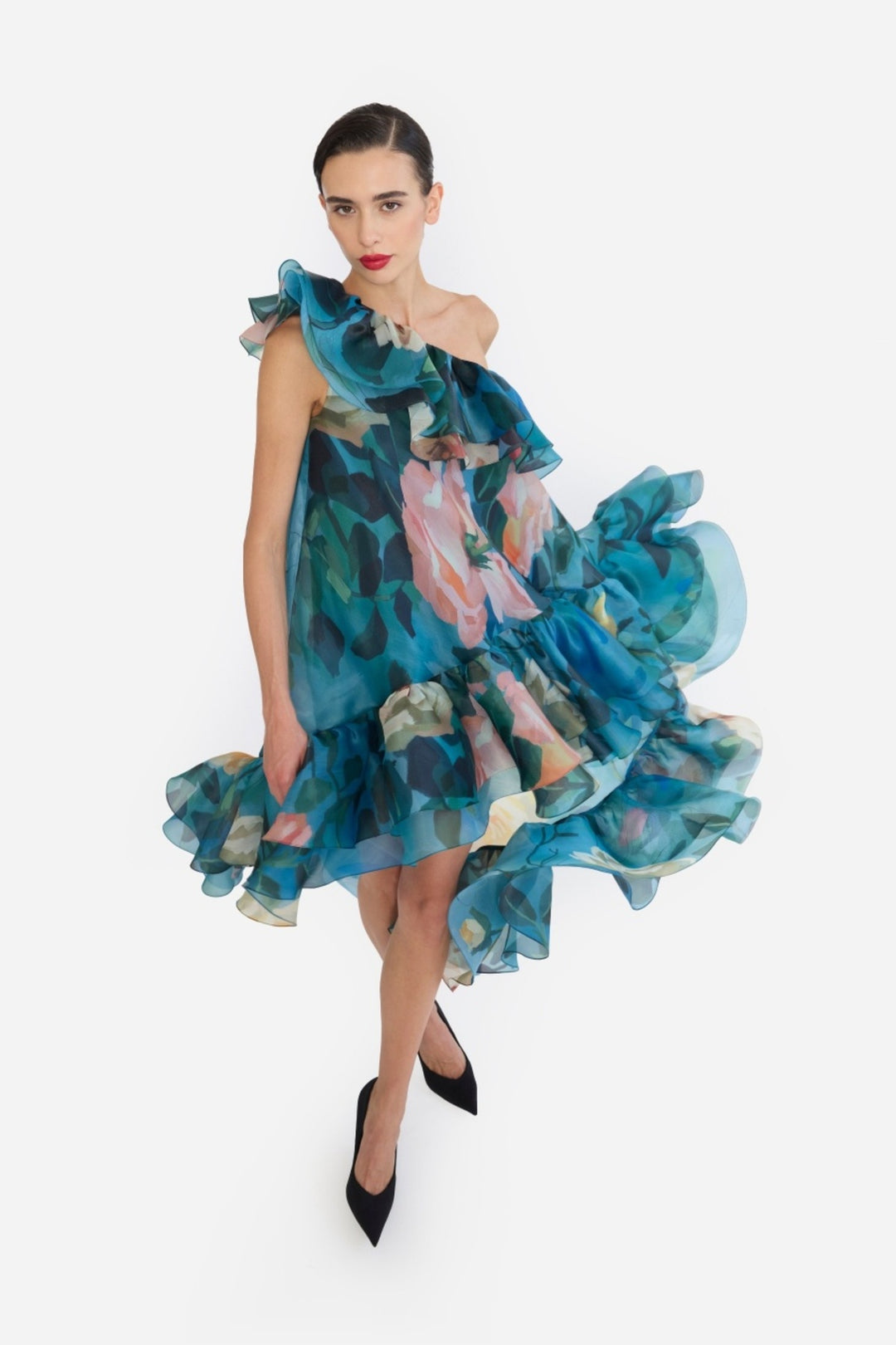ONE SHOULDER FRILLED HIGH-LOW NAINIKA DRESS