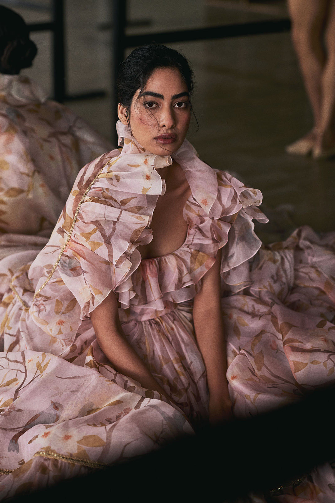 Light Pink Chinoiserie Ruffled Lehenga