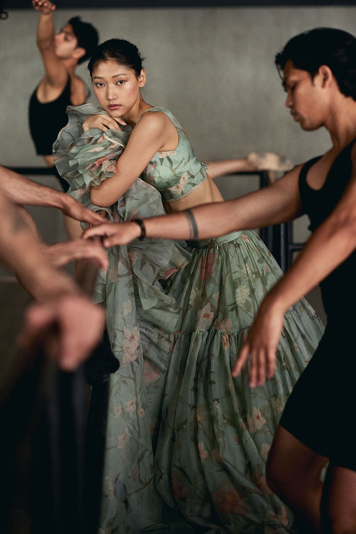 Dark Teal Chinoiserie Ruffled Lehenga