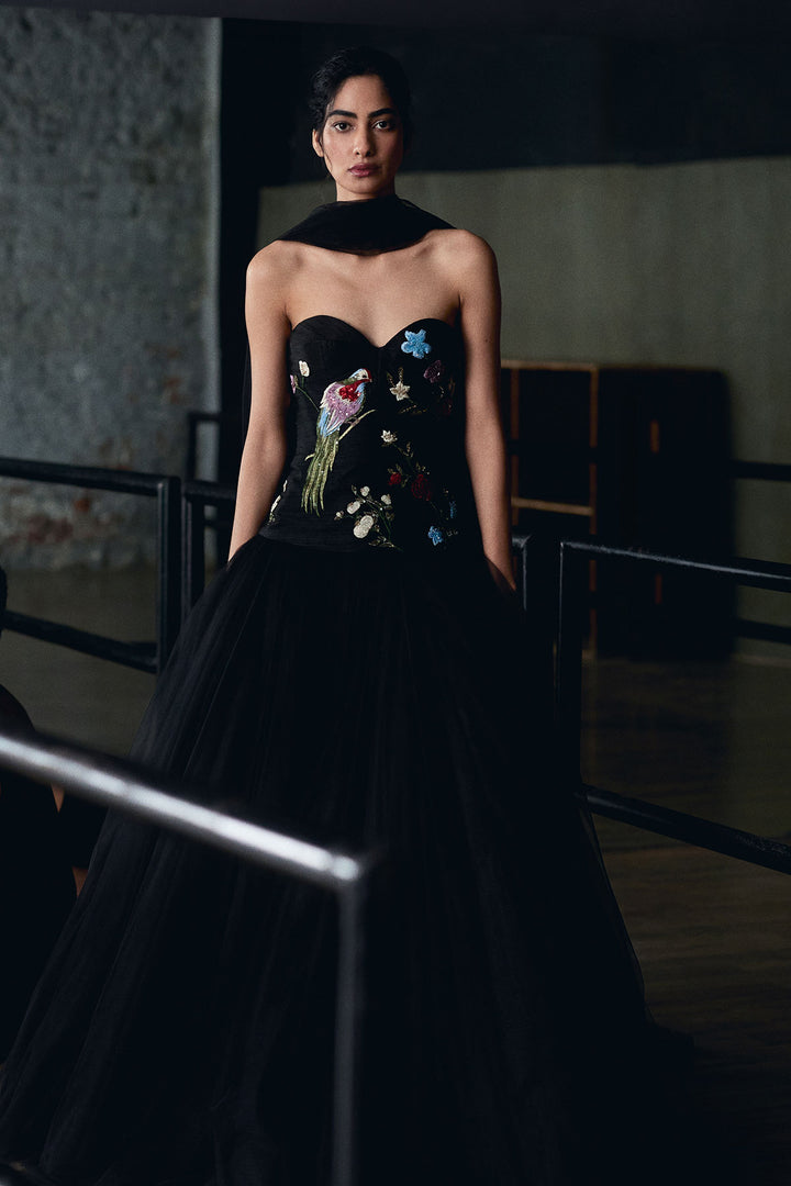 Black Chinoiserie Peplum Top And Skirt