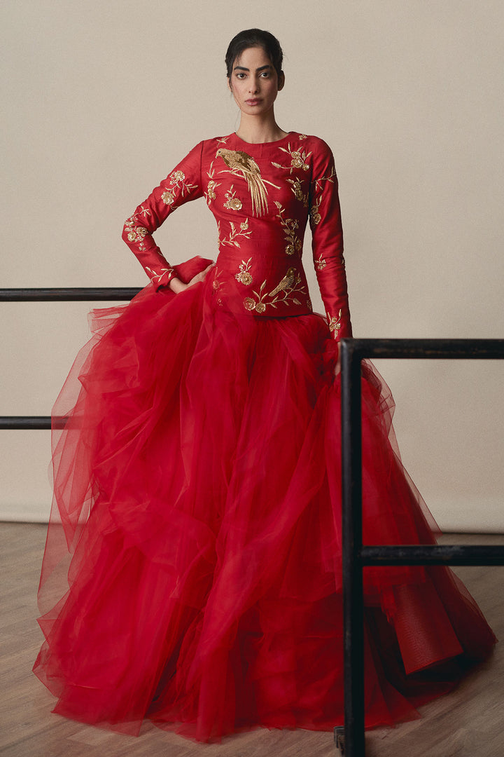 Red Chinoiserie Top  And Skirt