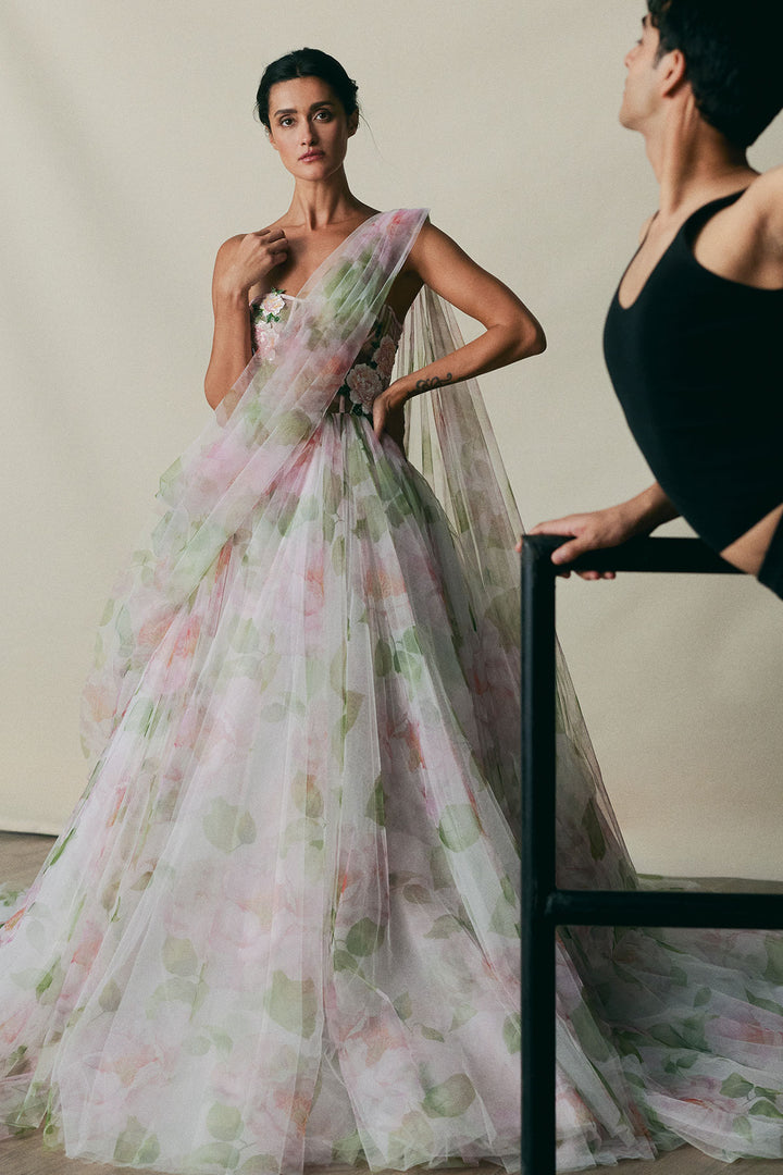 Pink Indian Rose Corset  Lehenga Saree